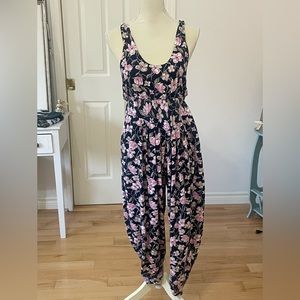 Vintage Paquette TOO Navy Jumpsuit with Pink Floral Details
